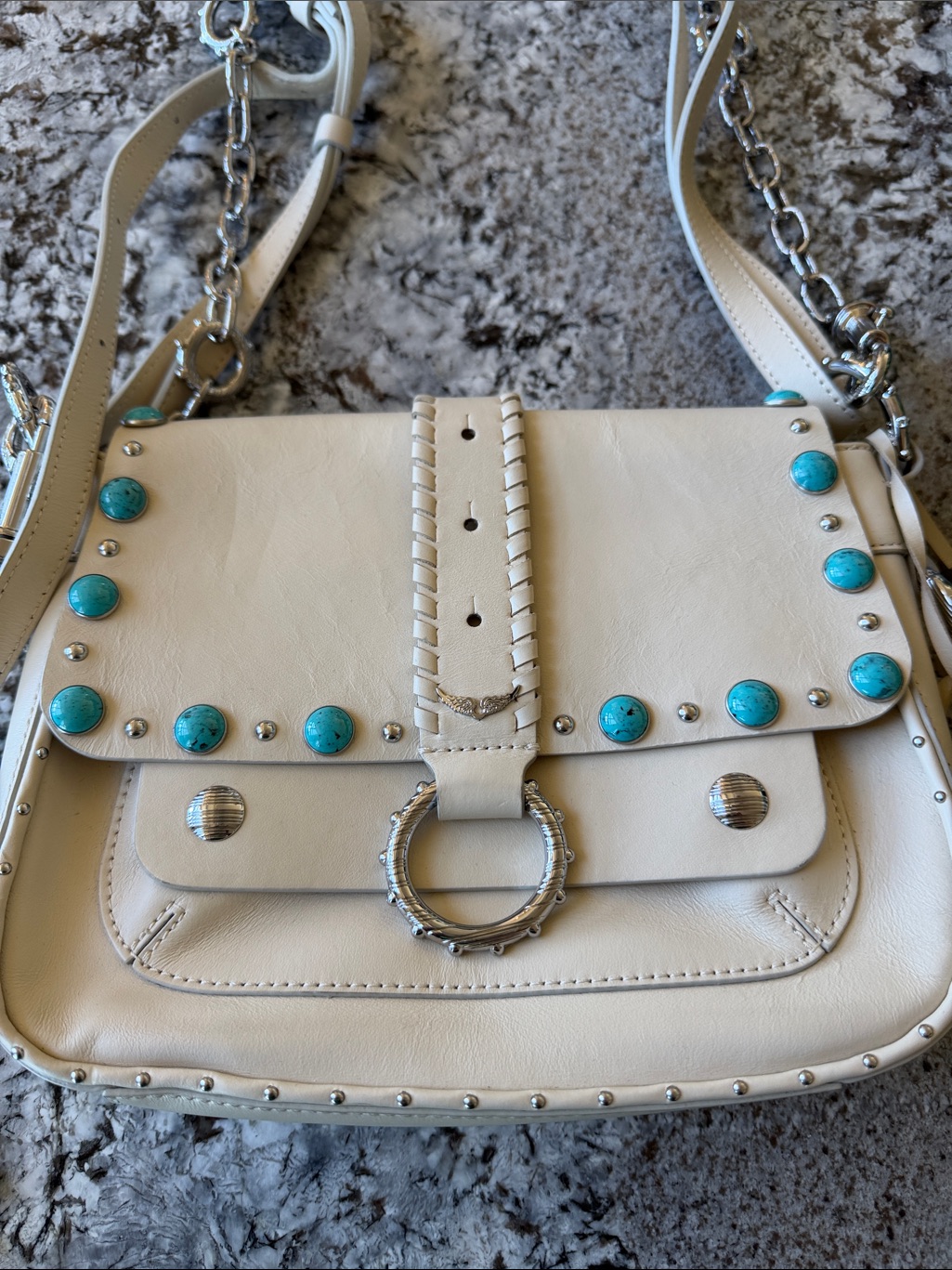 Zadig & Voltaire White Leather Crossbody With Turquoise Studs